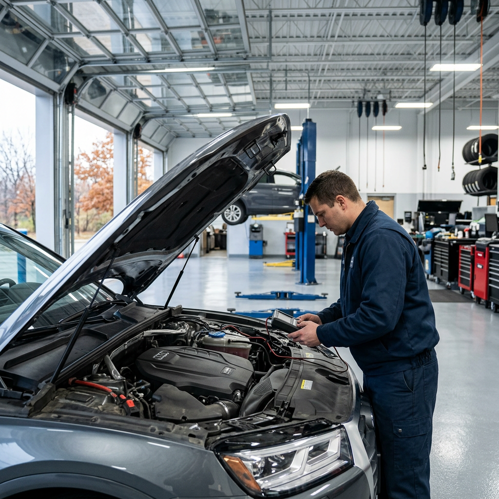 Mechanic holding a diagnostic scanner while inspecting the open engine bay of a car in a service shop. (Representative image for illustration purposes only. Actual vehicle may vary based on trim and configuration.)