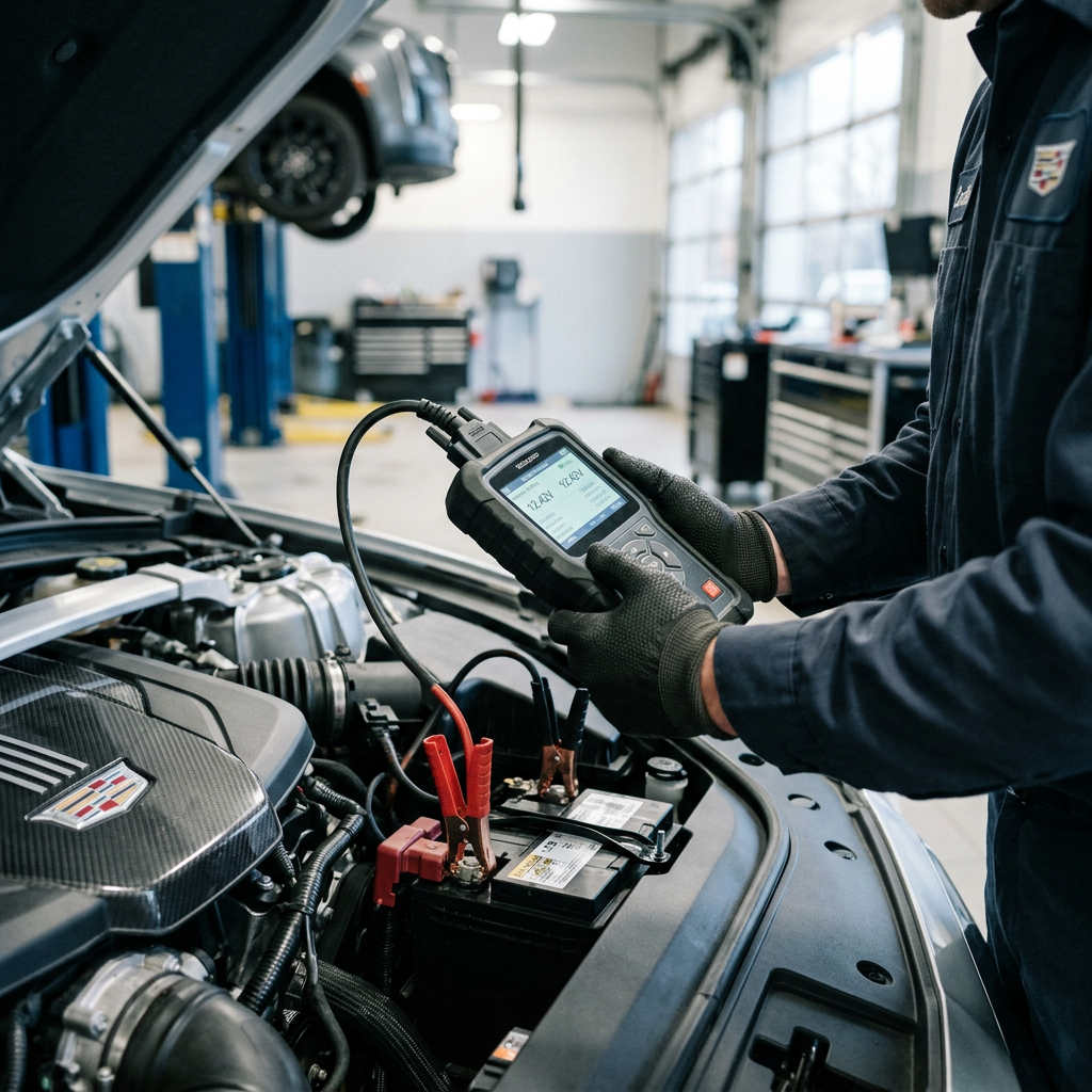 A mechanic holding a handheld diagnostic scanner connected to a Cadillac car battery inside an auto repair shop. (Representative image for illustration purposes only. Actual vehicle may vary based on trim and configuration.)
