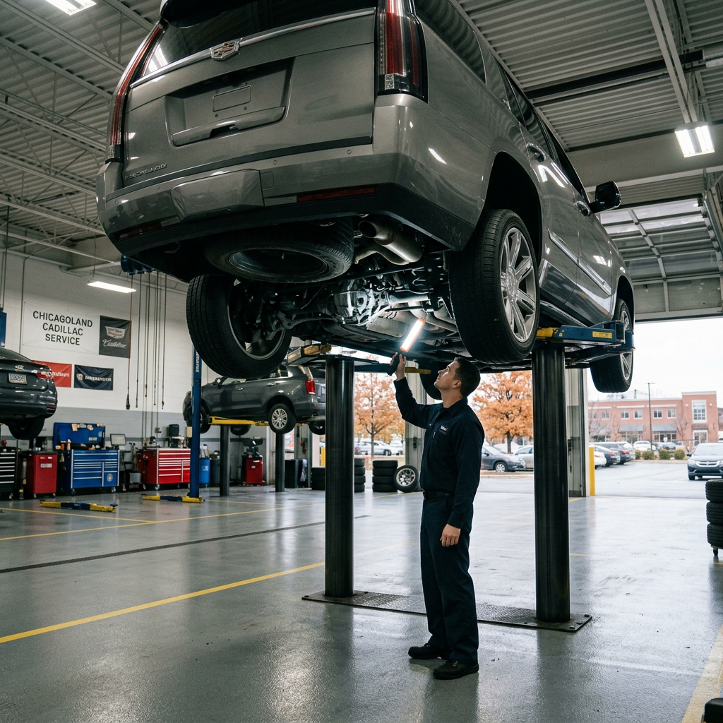 Mechanic using a work light to inspect the undercarriage of a Cadillac SUV elevated on a vehicle lift. (Representative image for illustration purposes only. Actual vehicle may vary based on trim and configuration.)