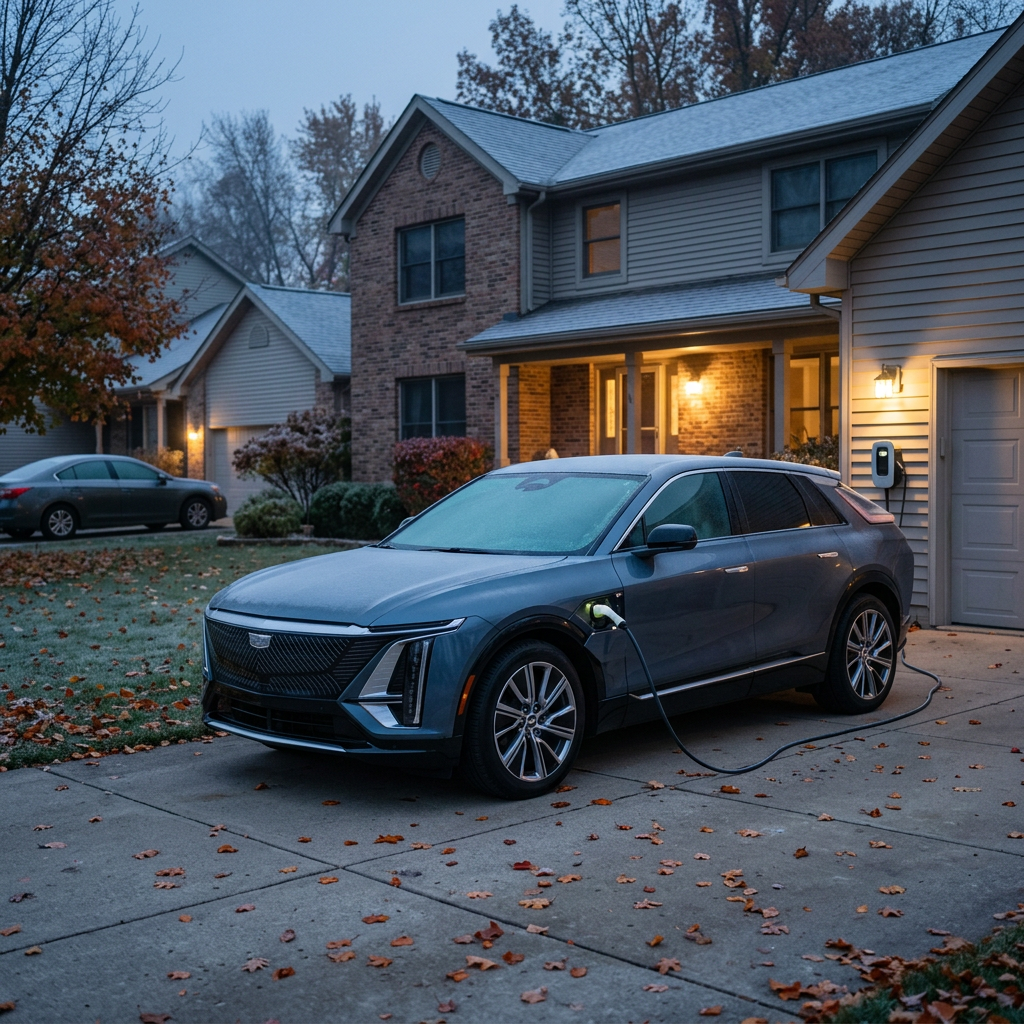 Blue Cadillac Lyriq EV parked on a suburban driveway and plugged into a home charger on a crisp autumn morning. (Representative image for illustration purposes only. Actual vehicle may vary based on trim and configuration.)