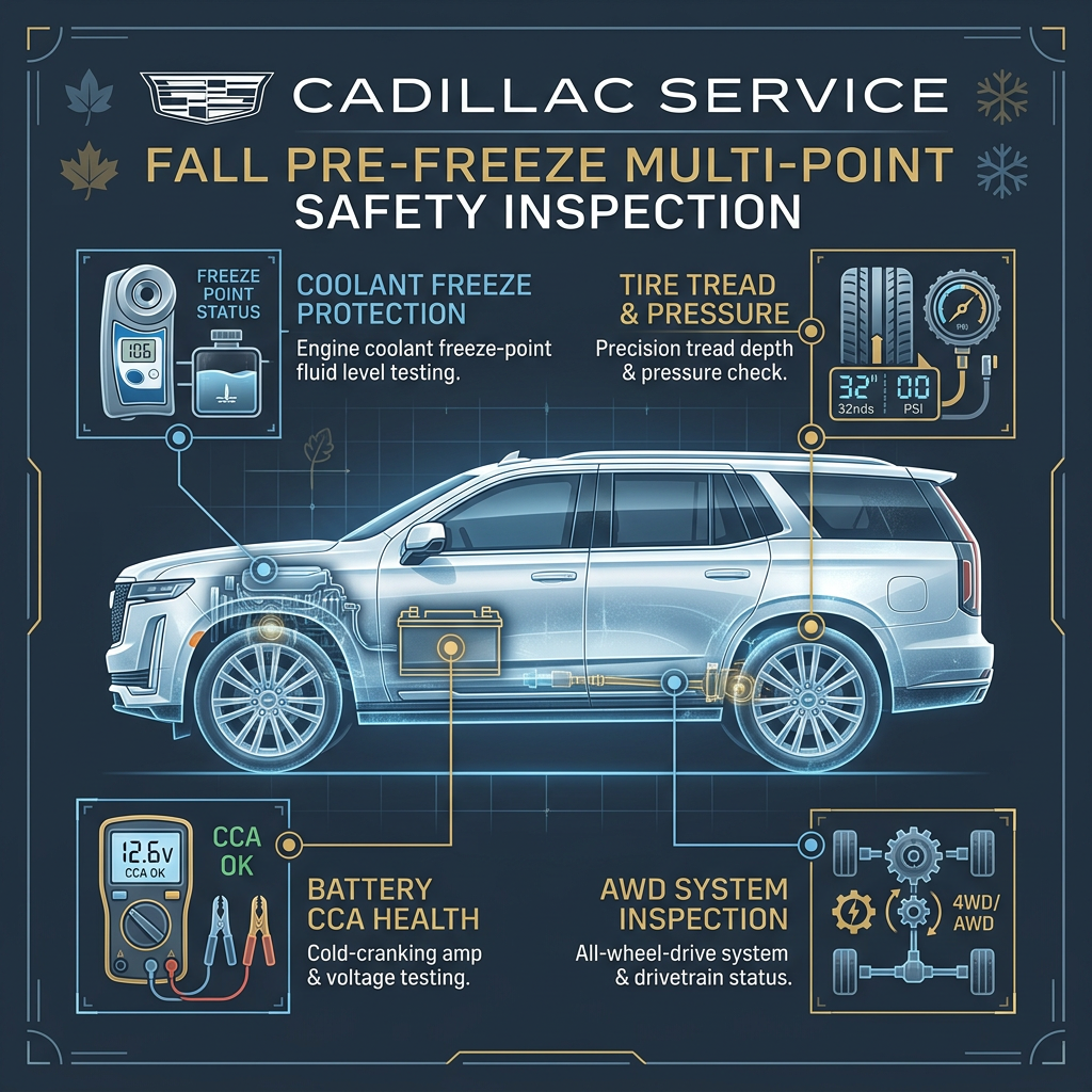 Diagram outlining Cadillac's fall pre-freeze safety inspection points including coolant, tires, battery, and AWD system. (Representative image for illustration purposes only. Actual vehicle may vary based on trim and configuration.)