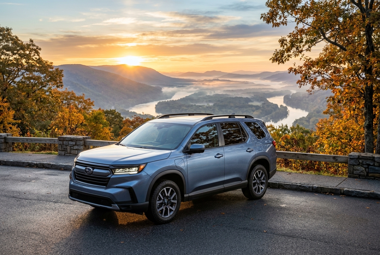 Slate-blue Subaru SUV parked at a scenic mountain overlook during a misty autumn sunrise with a winding river below. (Representative image for illustration purposes only. Actual vehicle may vary based on trim and configuration.)