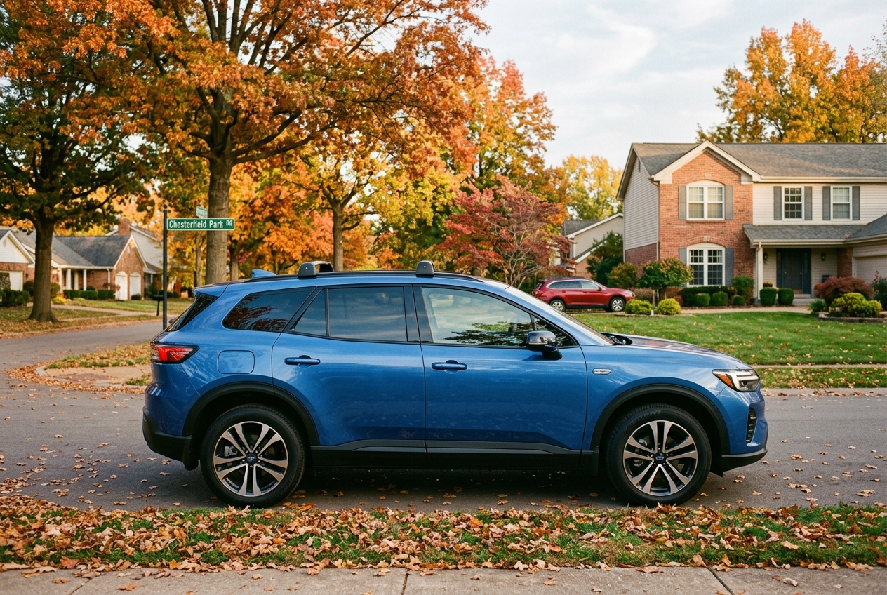 Profile view of a blue SUV parked on a suburban street lined with colorful autumn trees. (Representative image for illustration purposes only. Actual vehicle may vary based on trim and configuration.)