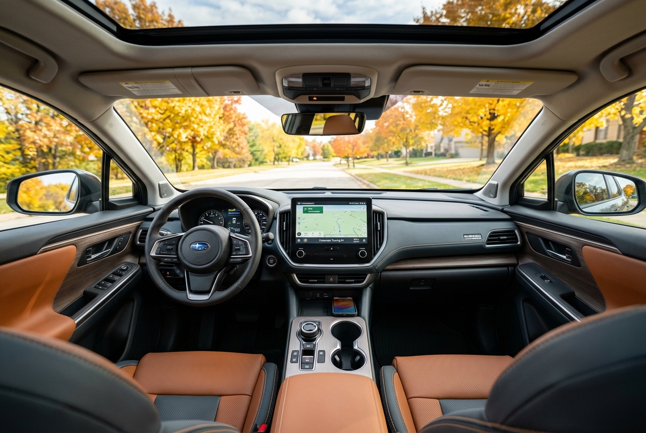 View from inside a modern car interior showing brown leather trim and a scenic autumn road through the windshield. (Representative image for illustration purposes only. Actual vehicle may vary based on trim and configuration.)
