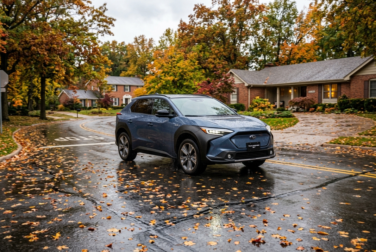 A blue Subaru Solterra electric crossover drives along a wet suburban street covered in scattered autumn leaves. (Representative image for illustration purposes only. Actual vehicle may vary based on trim and configuration.)