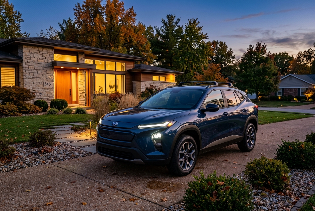 Dark blue Subaru SUV parked on a concrete driveway outside a modern stone house with warm lights at dusk. (Representative image for illustration purposes only. Actual vehicle may vary based on trim and configuration.)