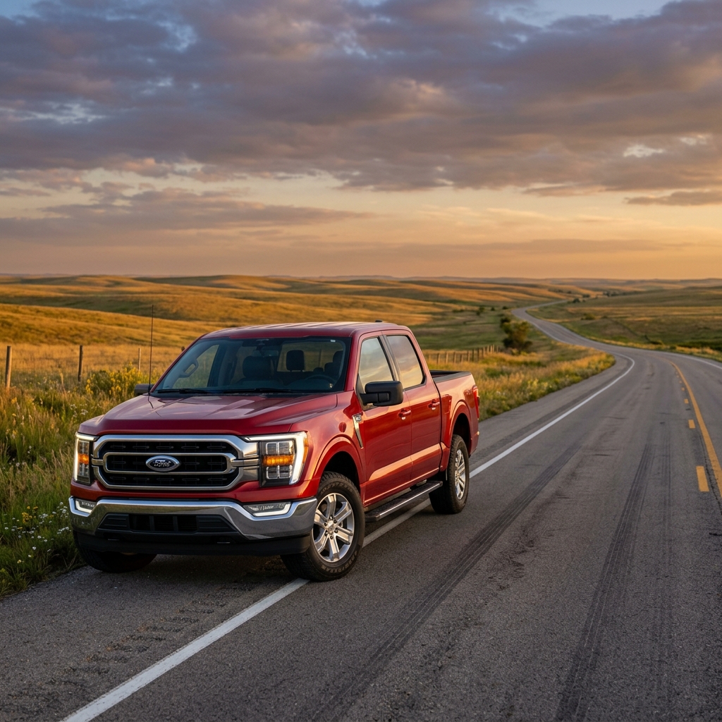Red Ford F-150 pickup truck parked beside a winding country road through rolling hills at sunset. (Representative image for illustration purposes only. Actual vehicle may vary based on trim and configuration.)