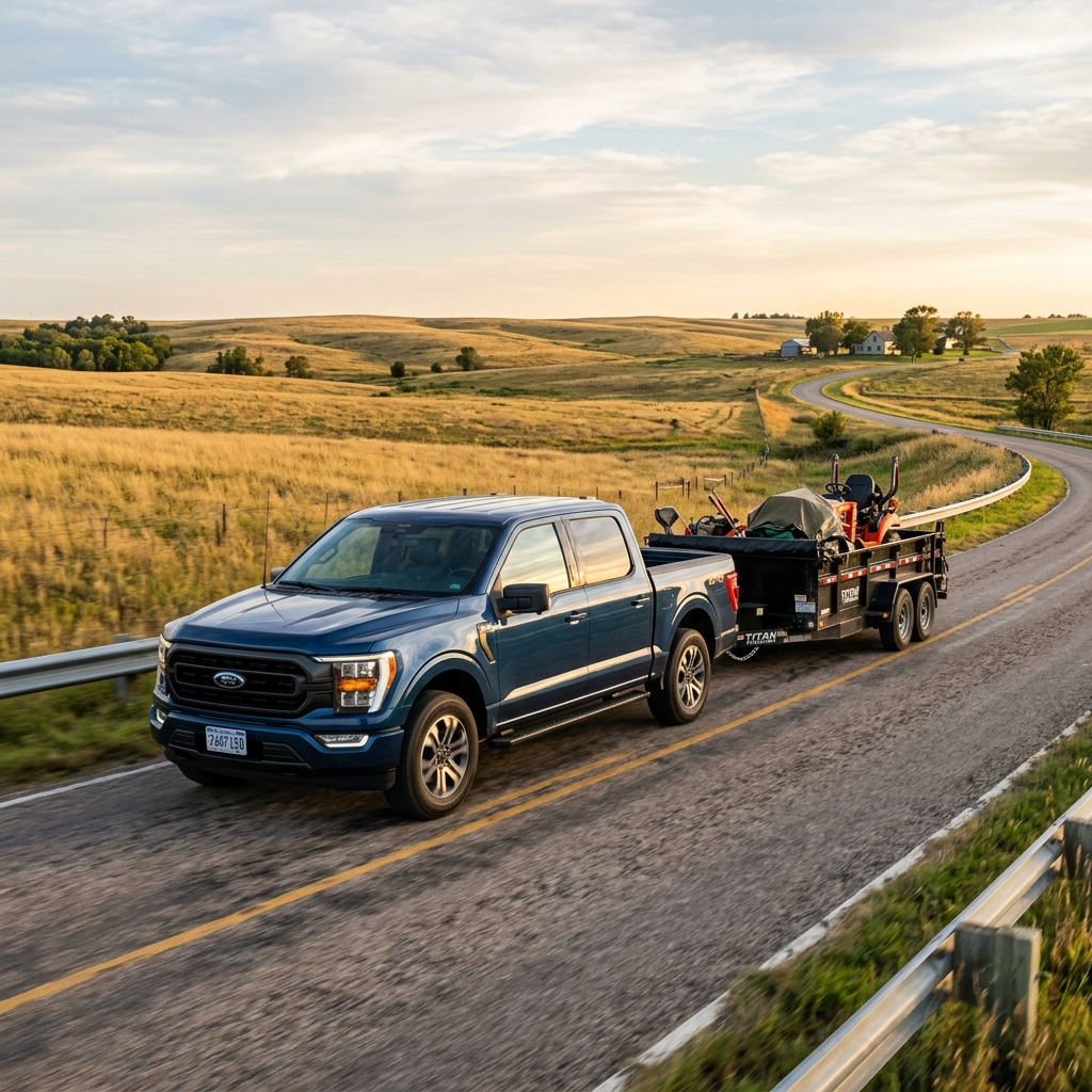 Blue Ford F-150 pickup truck towing a utility trailer with a lawnmower on a winding rural road. (Representative image for illustration purposes only. Actual vehicle may vary based on trim and configuration.)