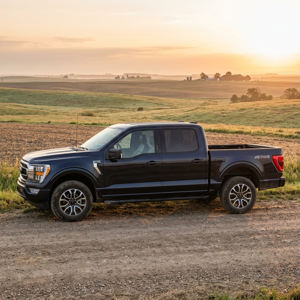 Dark blue Ford F-150 pickup truck parked on a dirt road next to rolling farm fields at golden hour. (Representative image for illustration purposes only. Actual vehicle may vary based on trim and configuration.)