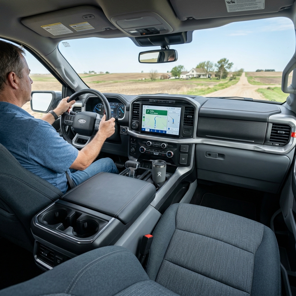 Interior view of a man driving a modern Ford truck along a gravel road past farm fields. (Representative image for illustration purposes only. Actual vehicle may vary based on trim and configuration.)