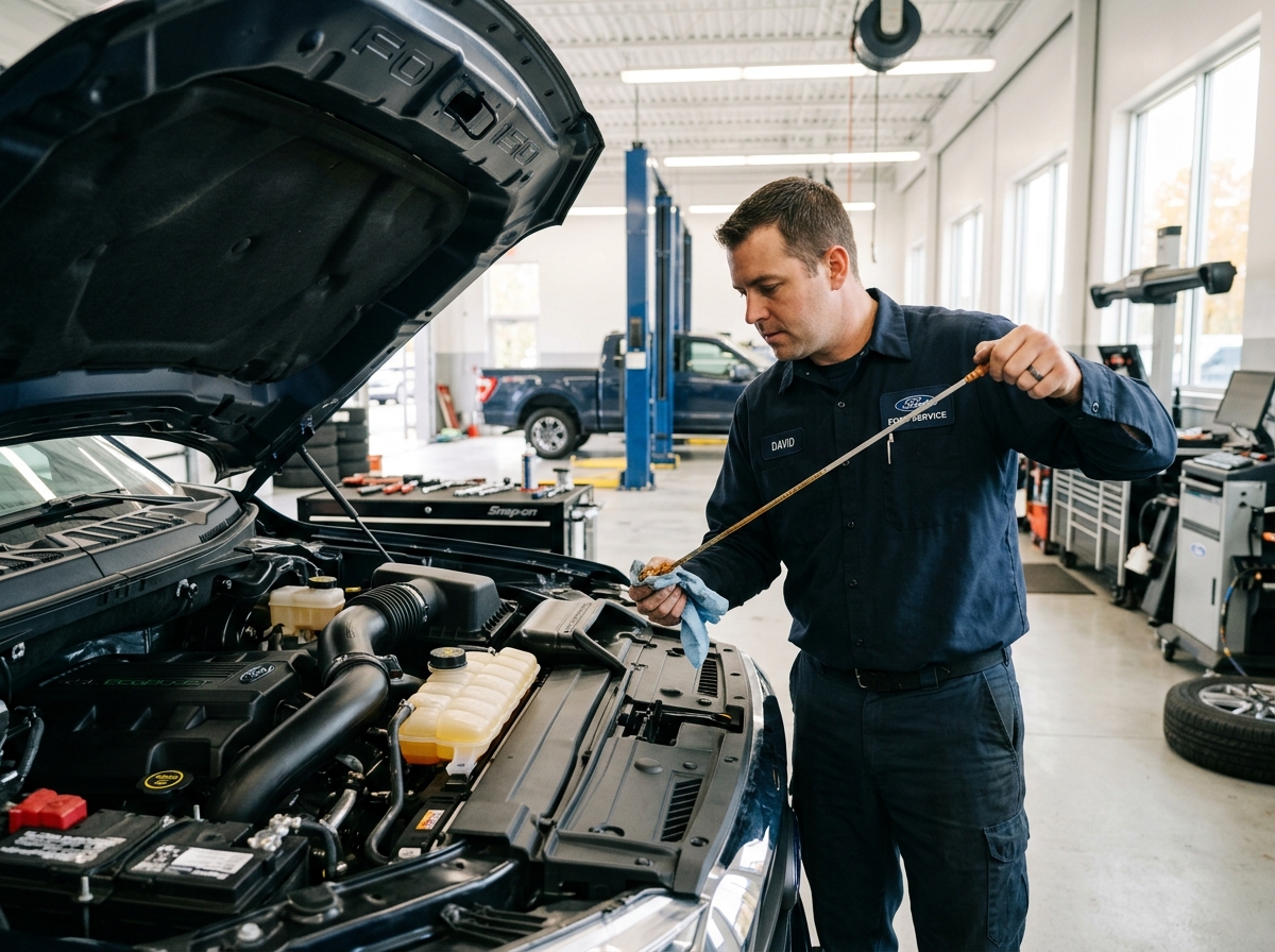 Automotive technician holding an oil dipstick while inspecting a Ford F-150 engine inside a service garage bay. (Representative image for illustration purposes only. Actual vehicle may vary based on trim and configuration.)