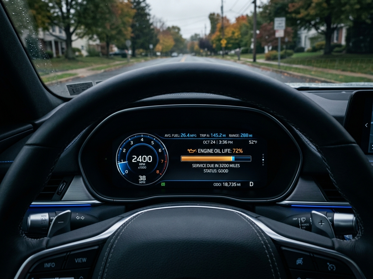 Driver's point of view showing a digital car dashboard displaying 38 MPH and oil life status on a residential road. (Representative image for illustration purposes only. Actual vehicle may vary based on trim and configuration.)