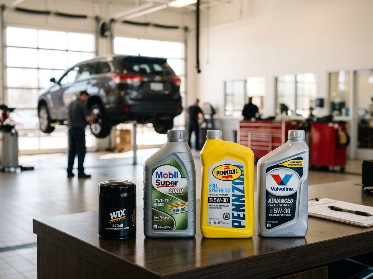Three motor oil bottles and an oil filter arranged on a wooden desk inside an auto repair shop. (Representative image for illustration purposes only. Actual vehicle may vary based on trim and configuration.)