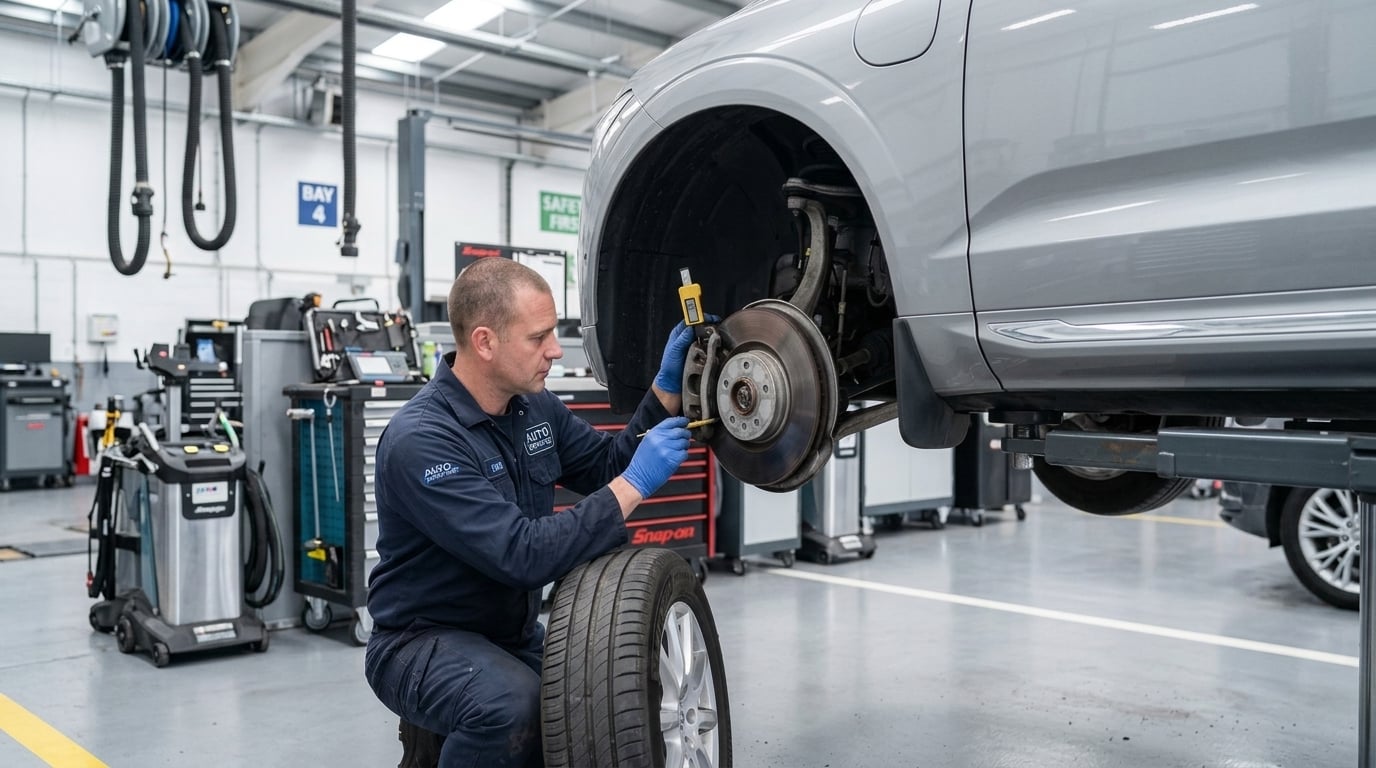 Mechanic wearing blue gloves using a digital caliper to inspect a car's brake disc in an auto repair shop. (Representative image for illustration purposes only. Actual vehicle may vary based on trim and configuration.)