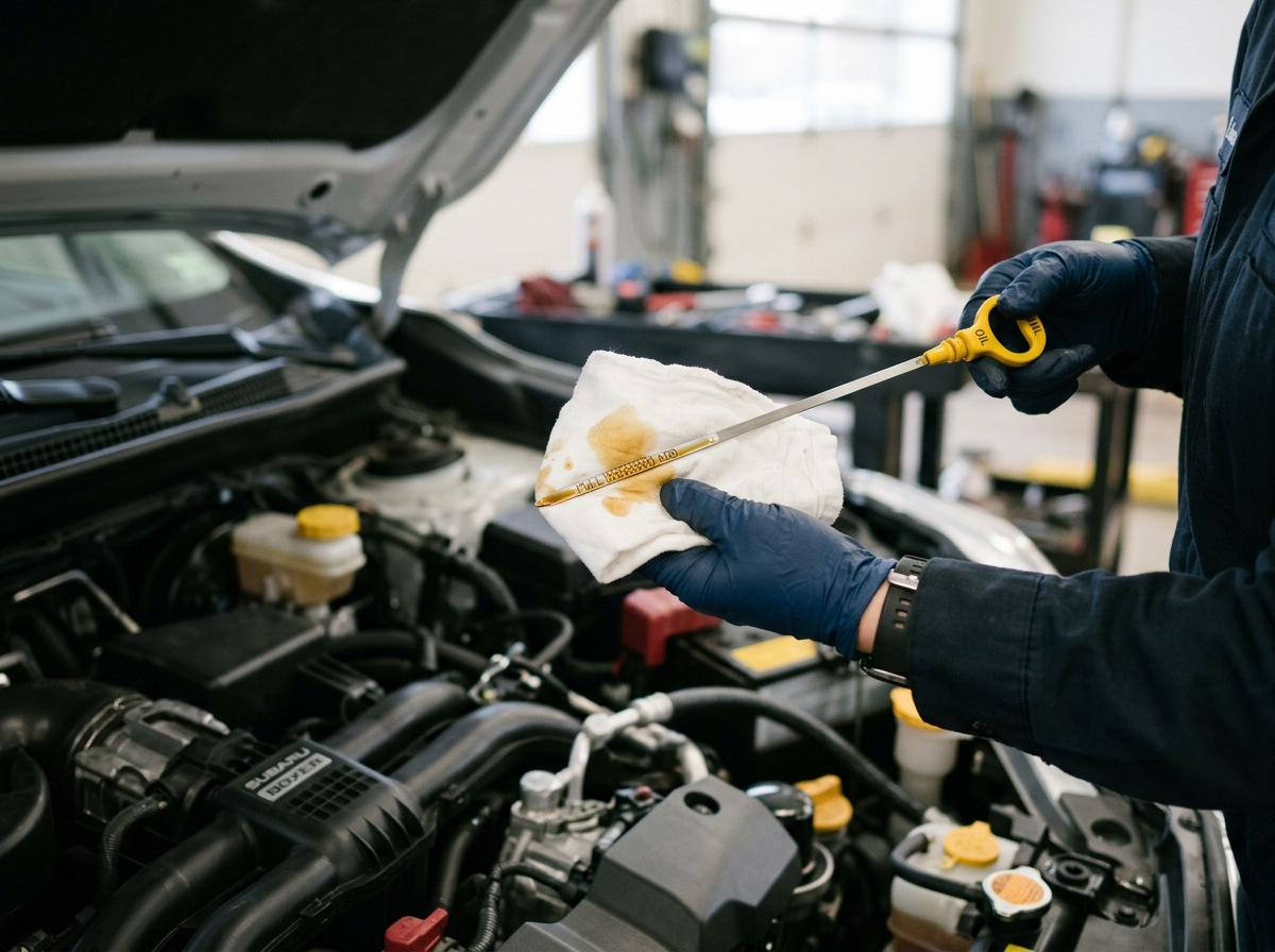 Mechanic wearing blue gloves checking oil level using a dipstick resting on a white rag over an open car engine bay. (Representative image for illustration purposes only. Actual vehicle may vary based on trim and configuration.)