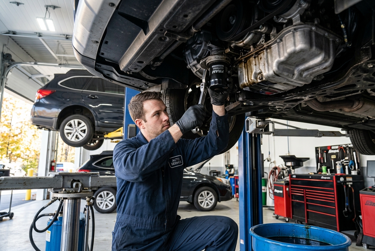 Auto mechanic in blue coveralls changing an oil filter on a car raised on a hydraulic lift in a repair shop. (Representative image for illustration purposes only. Actual vehicle may vary based on trim and configuration.)