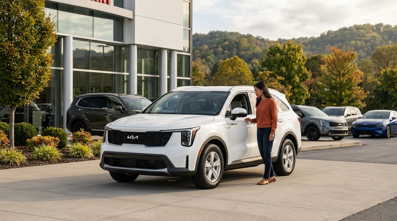 A woman opening the door of a white Kia SUV parked outside a car dealership. (Representative image for illustration purposes only. Actual vehicle may vary based on trim and configuration.)