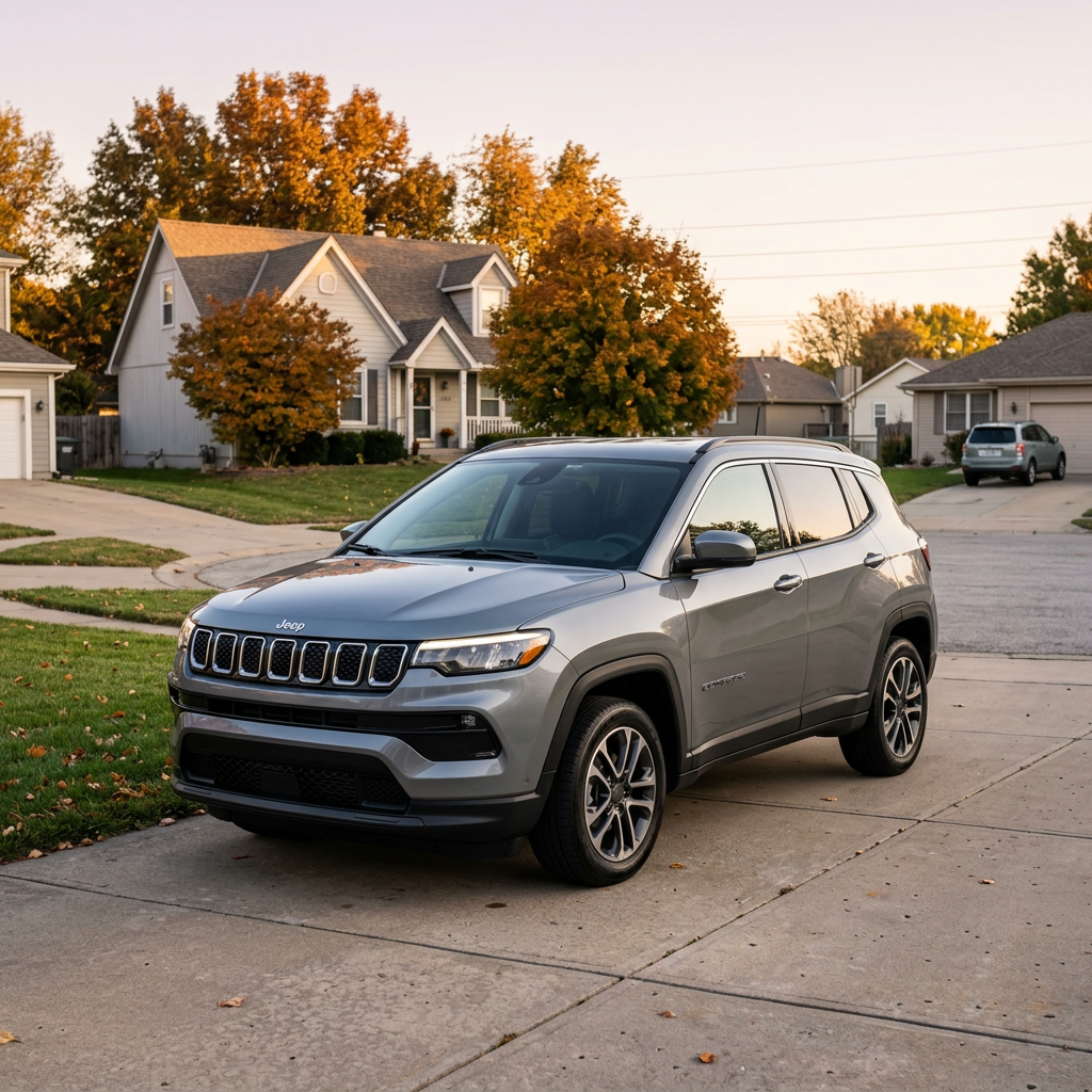 Silver Jeep Compass parked on a suburban concrete driveway during autumn at sunset. (Representative image for illustration purposes only. Actual vehicle may vary based on trim and configuration.)