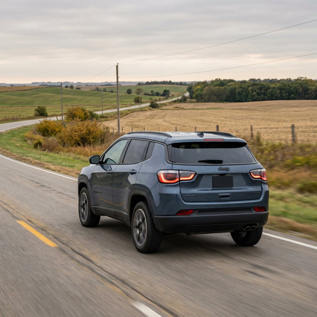 Rear view of a blue Jeep Compass driving along a winding rural road through rolling hills. (Representative image for illustration purposes only. Actual vehicle may vary based on trim and configuration.)
