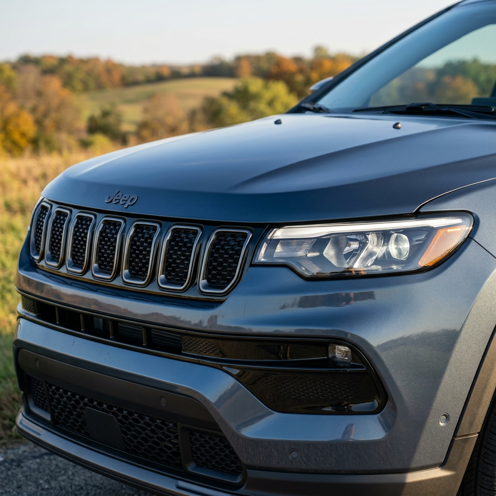 Close-up of the front end of a metallic blue Jeep SUV showing its signature grille and illuminated headlight. (Representative image for illustration purposes only. Actual vehicle may vary based on trim and configuration.)