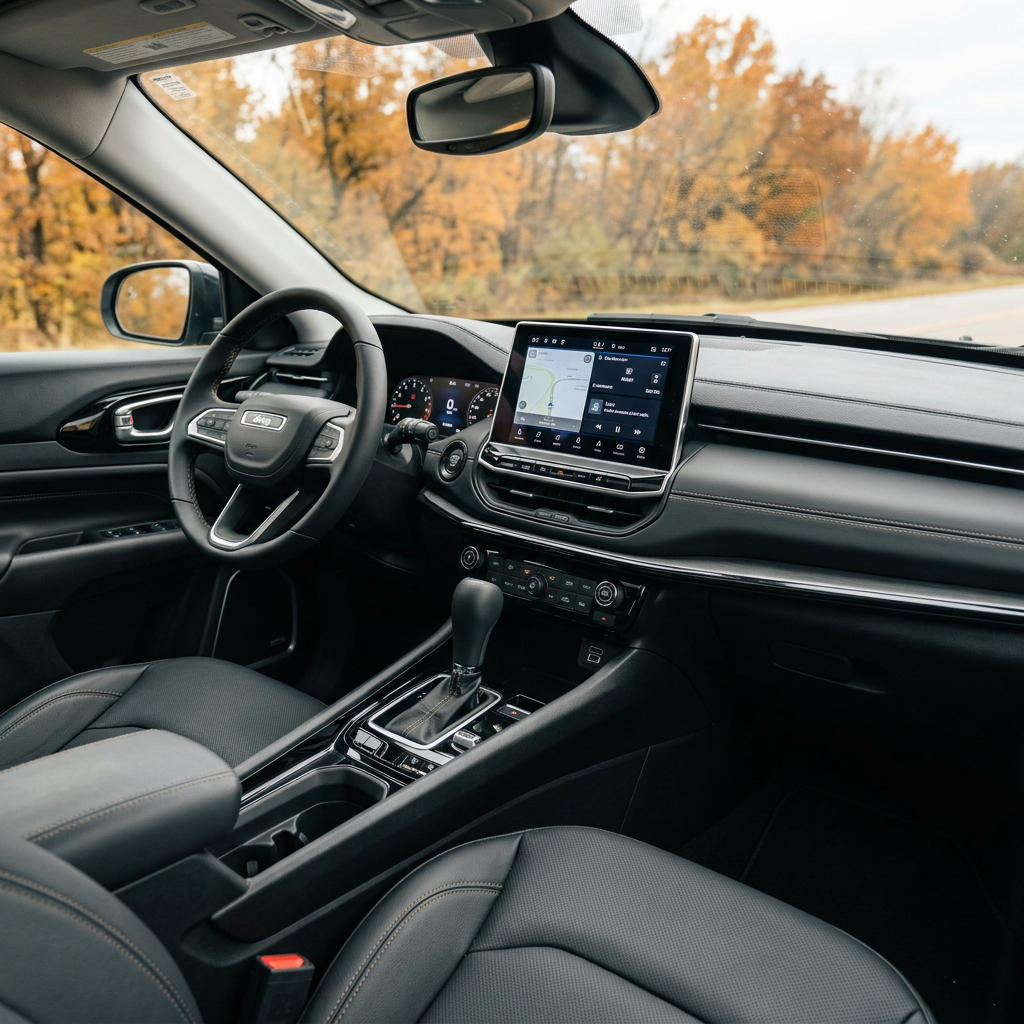 Interior of a modern Jeep featuring black leather seats, a central touchscreen display, and autumn scenery outside. (Representative image for illustration purposes only. Actual vehicle may vary based on trim and configuration.)