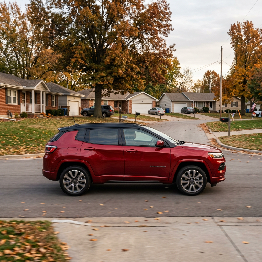 Red Jeep Compass SUV driving along a suburban street surrounded by autumn trees and brick houses. (Representative image for illustration purposes only. Actual vehicle may vary based on trim and configuration.)