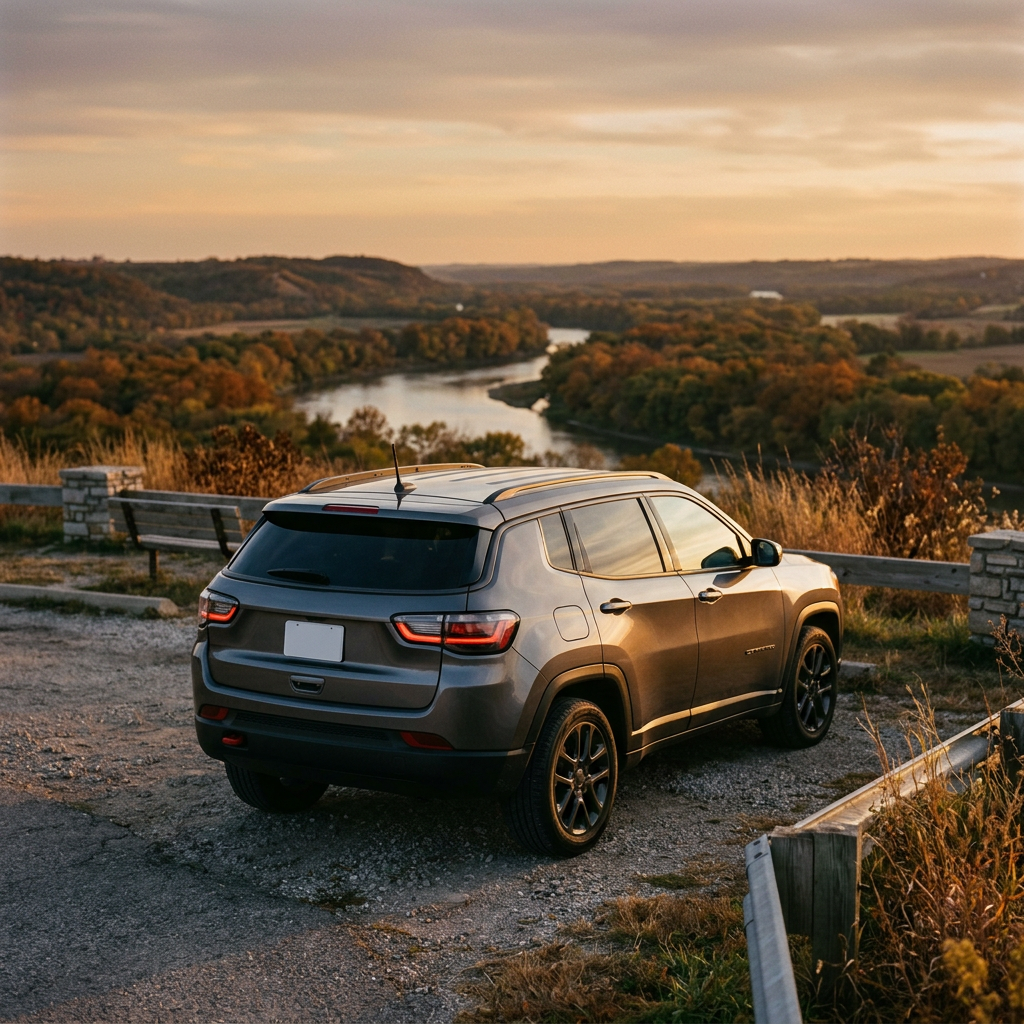 Gray SUV parked at a scenic lookout point overlooking a winding river valley at sunset. (Representative image for illustration purposes only. Actual vehicle may vary based on trim and configuration.)