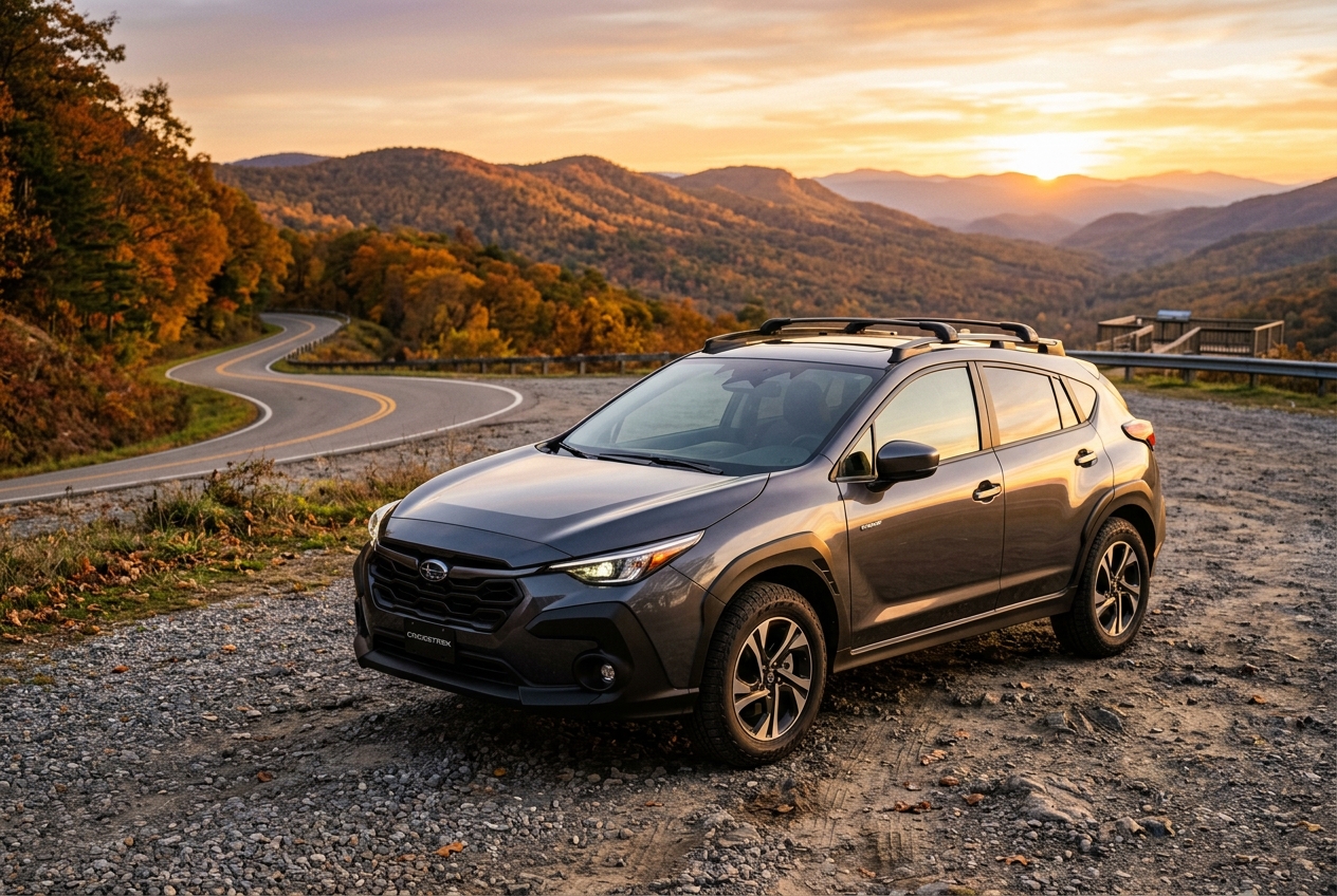 A dark gray Subaru Crosstrek parked on a gravel turnout with autumn mountain foliage and sunset in the background. (Representative image for illustration purposes only. Actual vehicle may vary based on trim and configuration.)