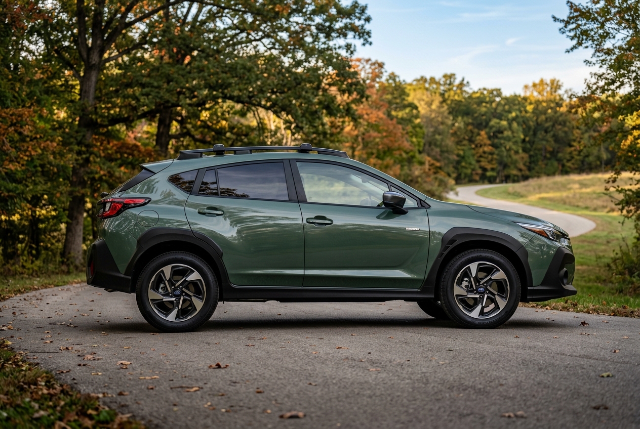 Side profile of a green Subaru Crosstrek parked on a paved road surrounded by autumn trees. (Representative image for illustration purposes only. Actual vehicle may vary based on trim and configuration.)