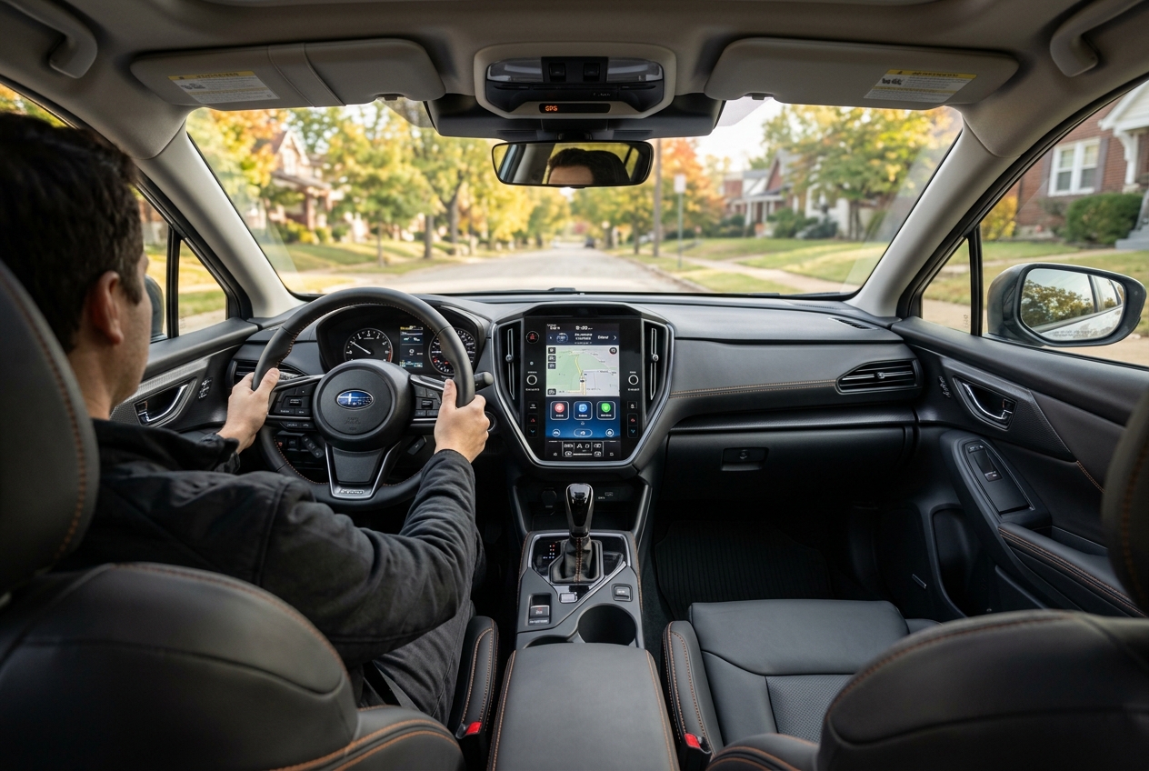 Inside perspective of a driver navigating a Subaru along a quiet residential neighborhood road. (Representative image for illustration purposes only. Actual vehicle may vary based on trim and configuration.)