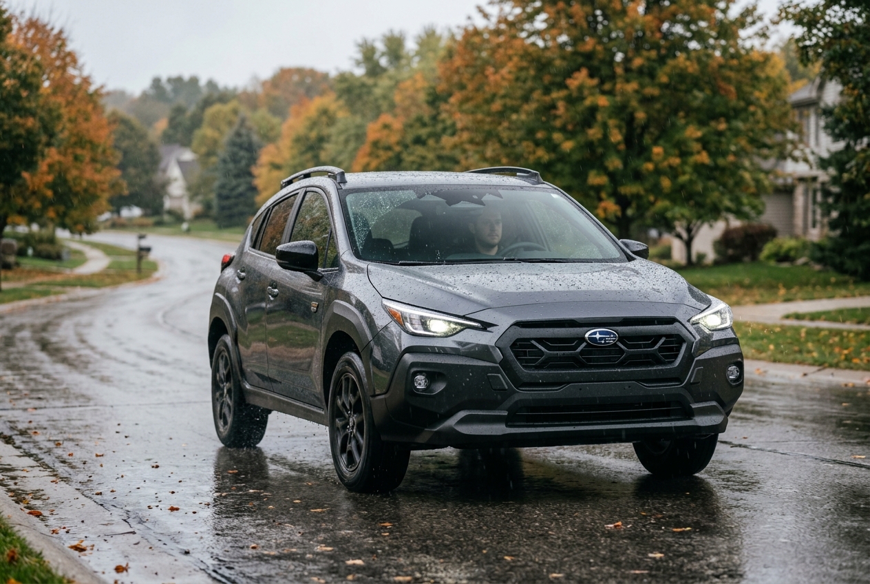 Dark grey Subaru Crosstrek driving down a wet residential street lined with colorful autumn trees on a rainy day. (Representative image for illustration purposes only. Actual vehicle may vary based on trim and configuration.)