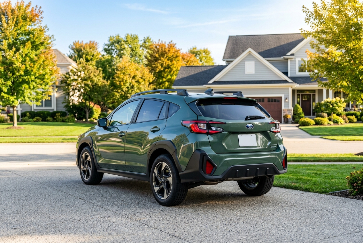 Green Subaru Crosstrek SUV parked on a concrete driveway in a suburban neighborhood. (Representative image for illustration purposes only. Actual vehicle may vary based on trim and configuration.)
