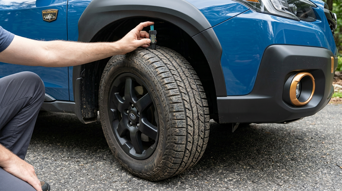 A person using a digital gauge to measure the tread depth of an all-terrain tire on a blue Subaru Outback. (Representative image for illustration purposes only. Actual vehicle may vary based on trim and configuration.)