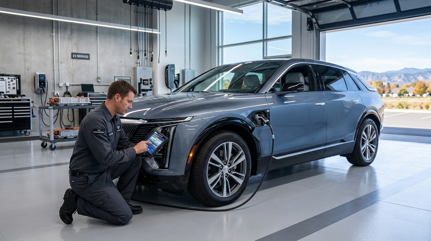 A technician kneeling next to a grey electric SUV using a diagnostic tablet while the car charges in a service garage. (Representative image for illustration purposes only. Actual vehicle may vary based on trim and configuration.)