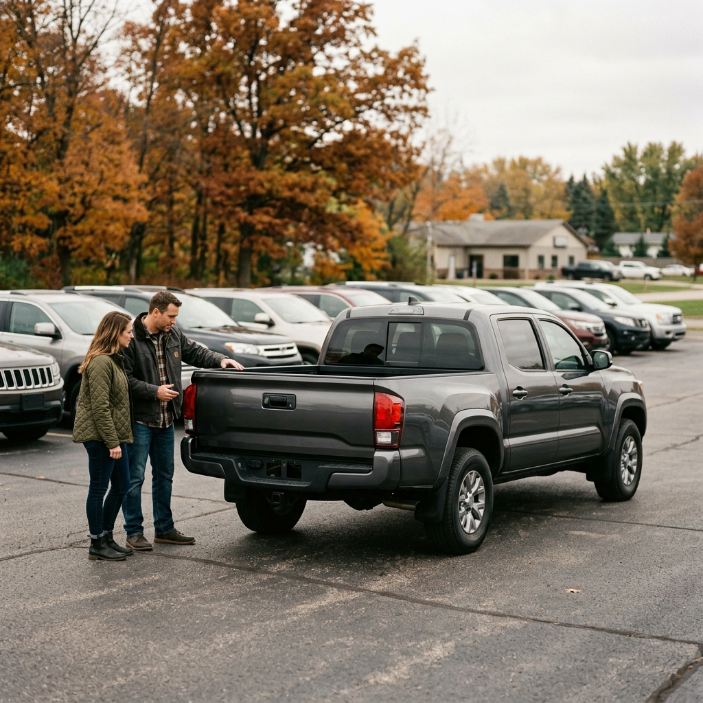 A couple standing next to a dark grey pickup truck in a car dealership lot surrounded by autumn trees. (Representative image for illustration purposes only. Actual vehicle may vary based on trim and configuration.)