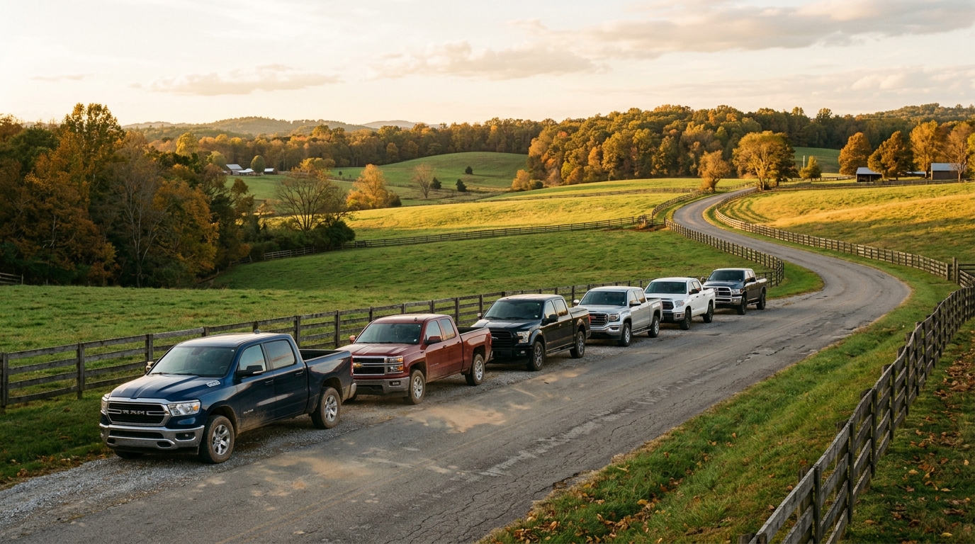 Six pickup trucks parked in a line along a paved rural road winding through green rolling hills. (Representative image for illustration purposes only. Actual vehicle may vary based on trim and configuration.)