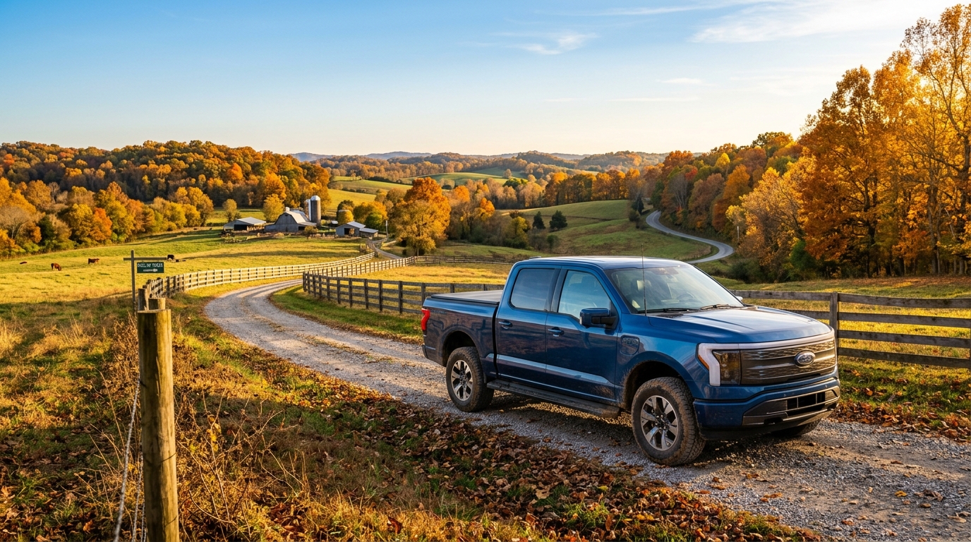 A blue Ford F-150 Lightning pickup truck drives along a gravel country road in a scenic autumn landscape. (Representative image for illustration purposes only. Actual vehicle may vary based on trim and configuration.)