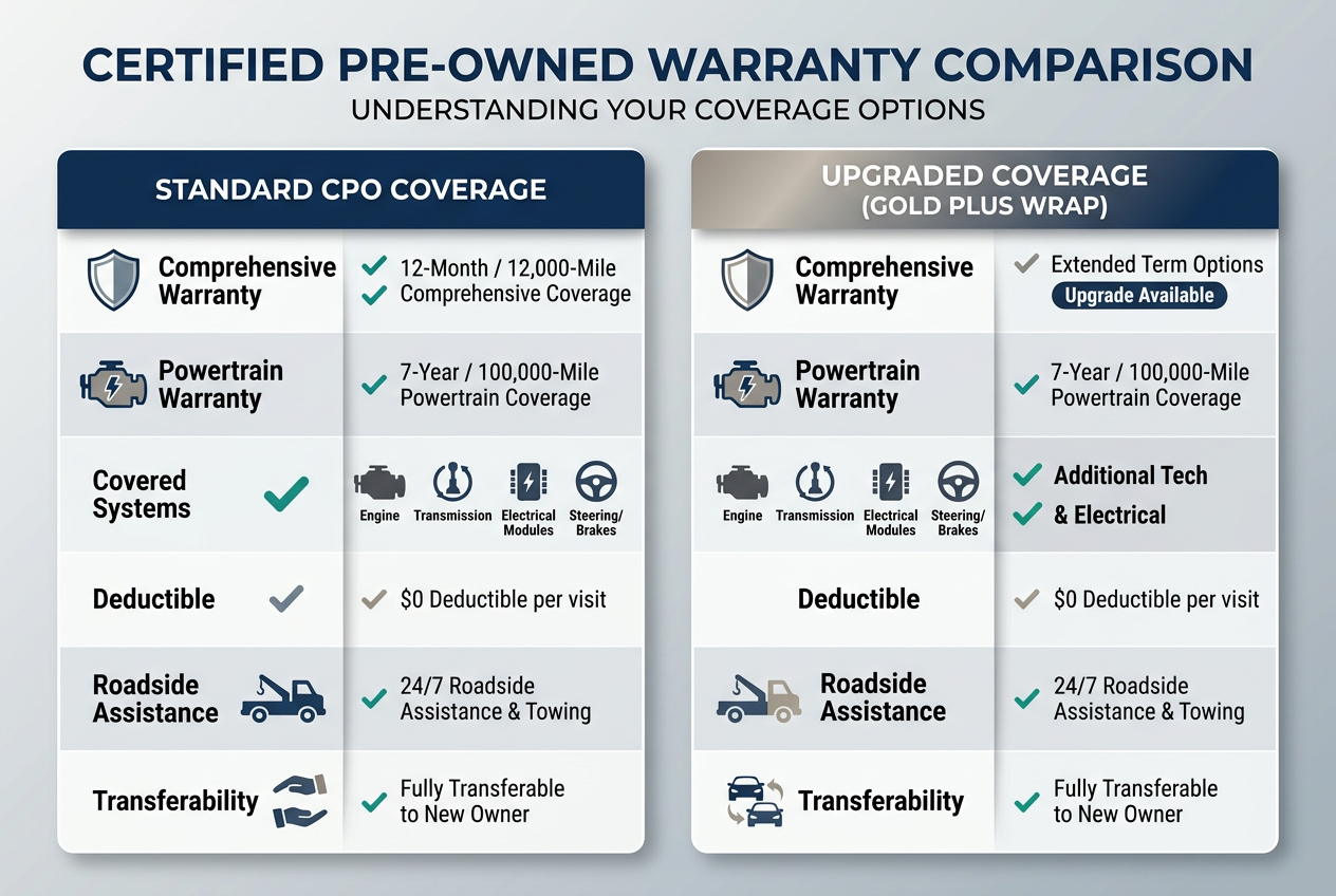 Comparison chart of Standard CPO Coverage versus Upgraded Gold Plus Wrap vehicle warranty options. (Representative image for illustration purposes only. Actual vehicle may vary based on trim and configuration.)