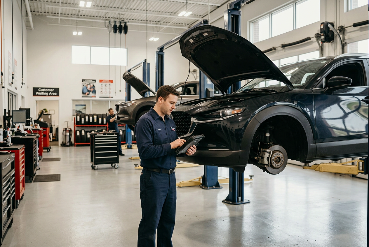 An auto mechanic using a digital diagnostic tablet next to a black SUV elevated on a vehicle lift in a service bay. (Representative image for illustration purposes only. Actual vehicle may vary based on trim and configuration.)