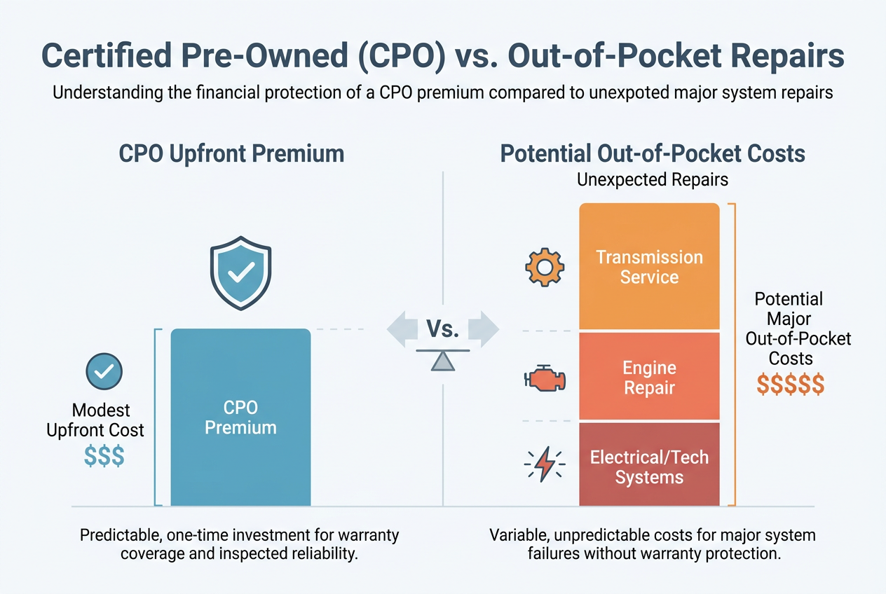 Infographic comparing a modest CPO upfront premium cost against potential high out-of-pocket repair costs. (Representative image for illustration purposes only. Actual vehicle may vary based on trim and configuration.)