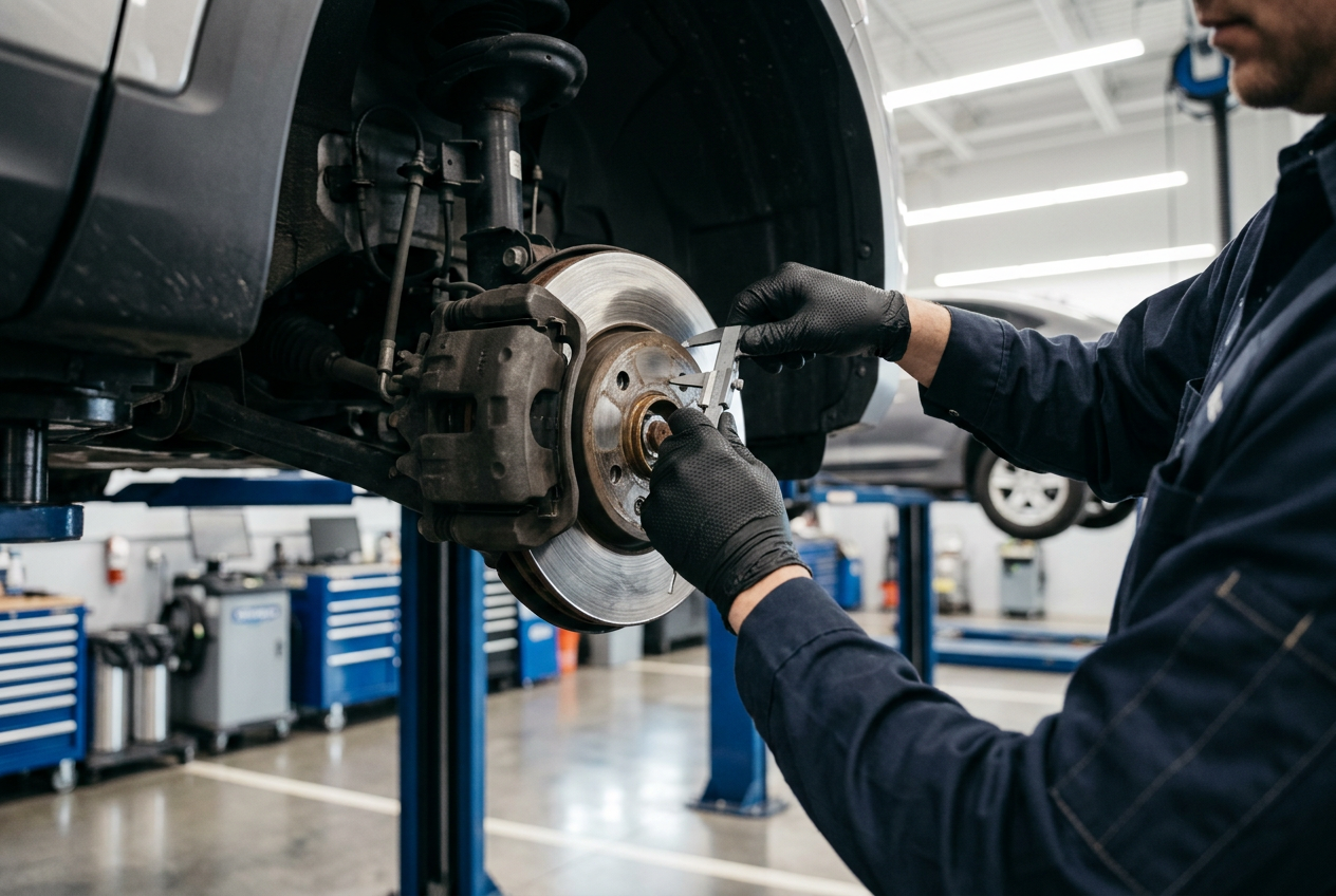 A mechanic using a caliper to measure a vehicle's brake rotor hub inside an auto repair shop. (Representative image for illustration purposes only. Actual vehicle may vary based on trim and configuration.)