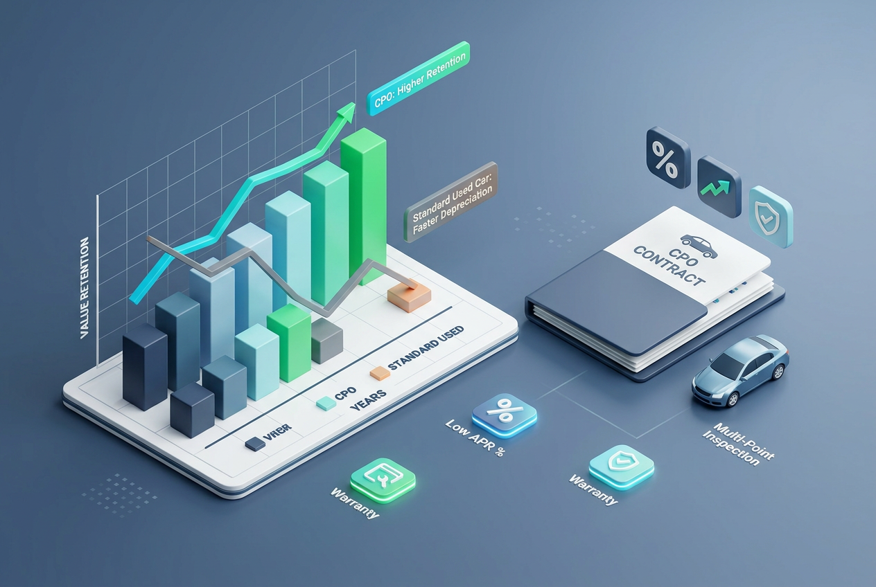 Isometric 3D bar graph comparing value retention and depreciation between certified pre-owned and standard used cars. (Representative image for illustration purposes only. Actual vehicle may vary based on trim and configuration.)