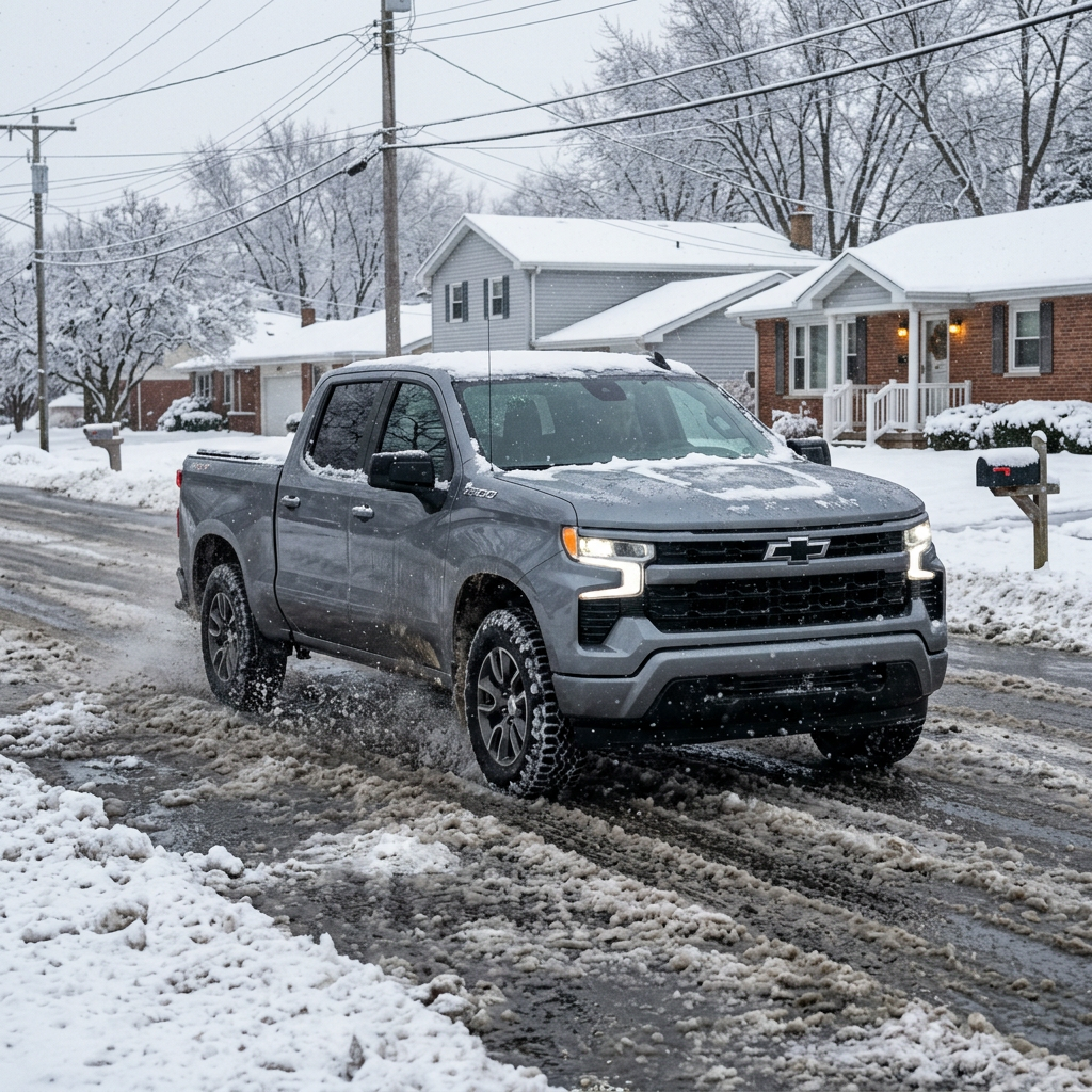 A gray Chevrolet Silverado truck driving through deep snow and slush on a suburban street. (Representative image for illustration purposes only. Actual vehicle may vary based on trim and configuration.)