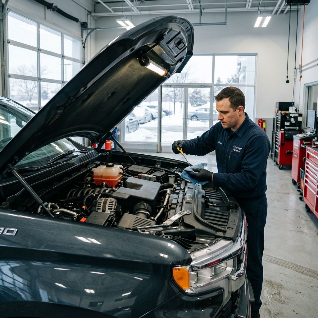 A mechanic in a blue uniform checks the oil dipstick under the open hood of a truck in a repair shop. (Representative image for illustration purposes only. Actual vehicle may vary based on trim and configuration.)