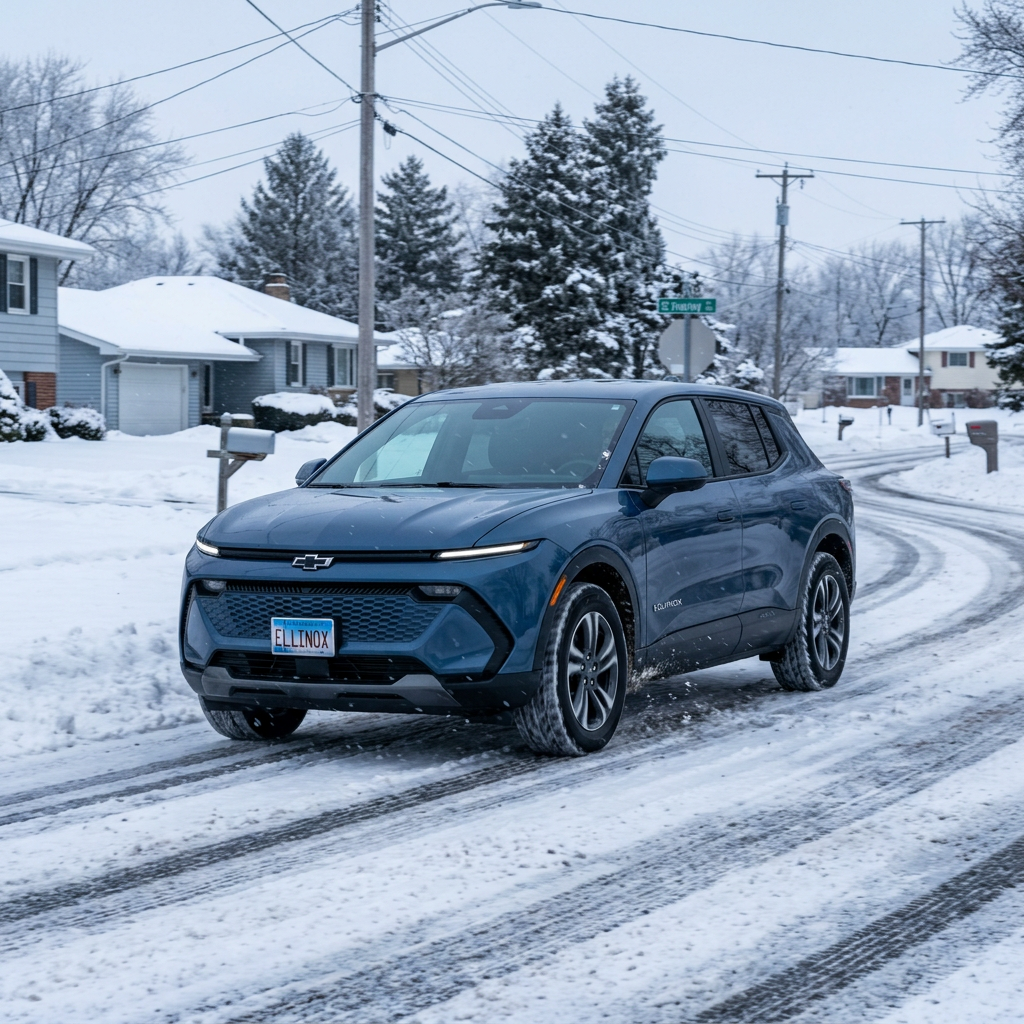 A blue Chevrolet Equinox EV driving along a snow-covered suburban street during winter. (Representative image for illustration purposes only. Actual vehicle may vary based on trim and configuration.)