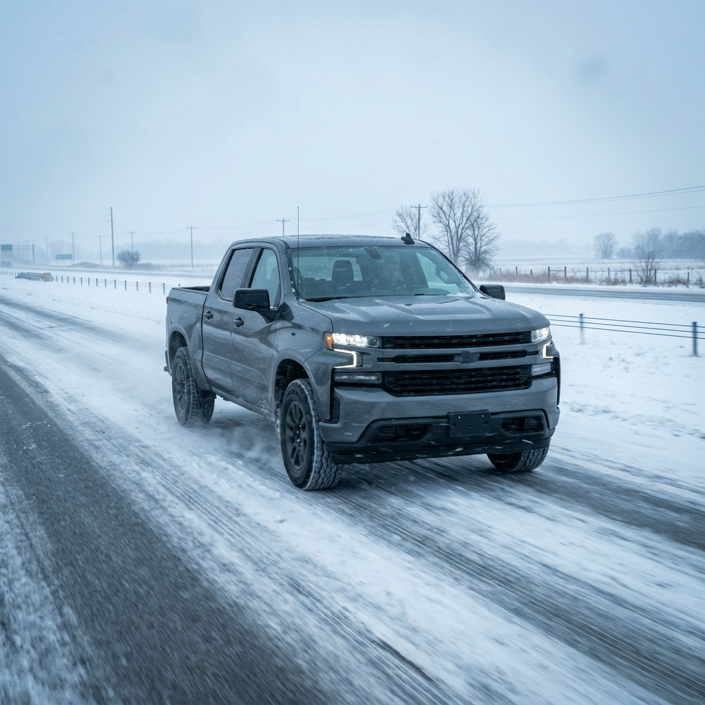A gray Chevy pickup truck driving down an icy, snow-covered highway during a winter storm. (Representative image for illustration purposes only. Actual vehicle may vary based on trim and configuration.)
