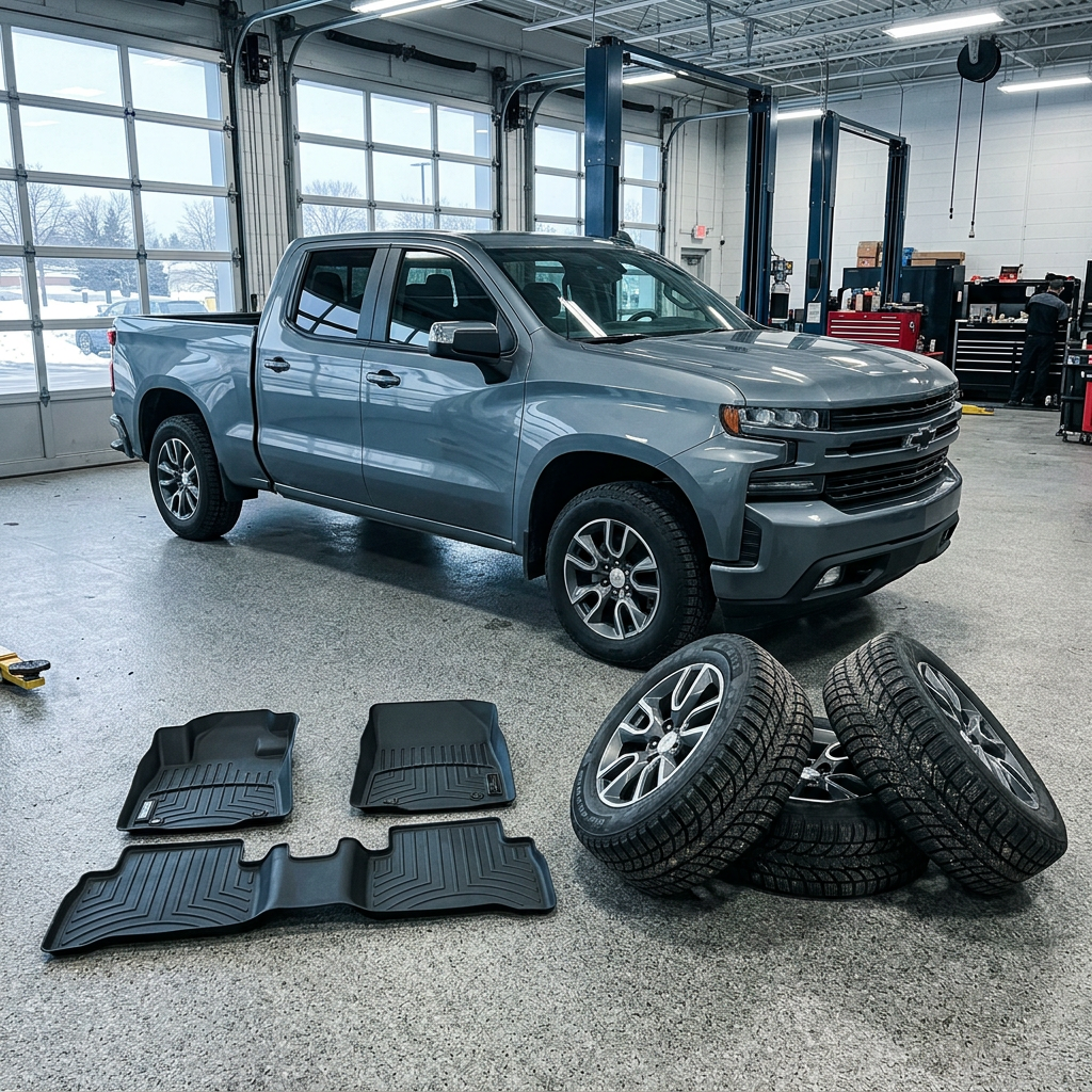 Grey Chevrolet Silverado pickup truck in a service garage with all-weather floor mats and mounted tires in front. (Representative image for illustration purposes only. Actual vehicle may vary based on trim and configuration.)