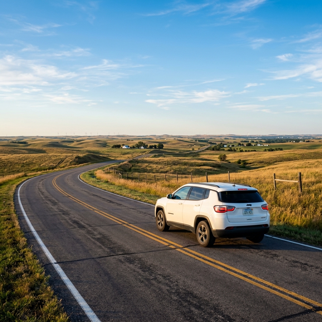 A white SUV driving along a winding asphalt road through rolling golden hills under a clear blue sky. (Representative image for illustration purposes only. Actual vehicle may vary based on trim and configuration.)
