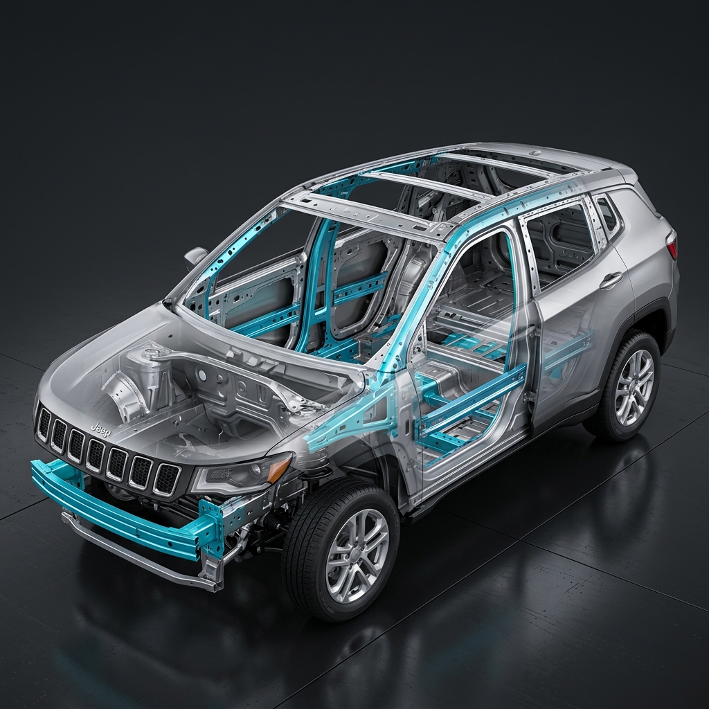 Transparent cutaway diagram of a Jeep SUV unibody chassis with high-strength steel safety cage highlighted in blue. (Representative image for illustration purposes only. Actual vehicle may vary based on trim and configuration.)