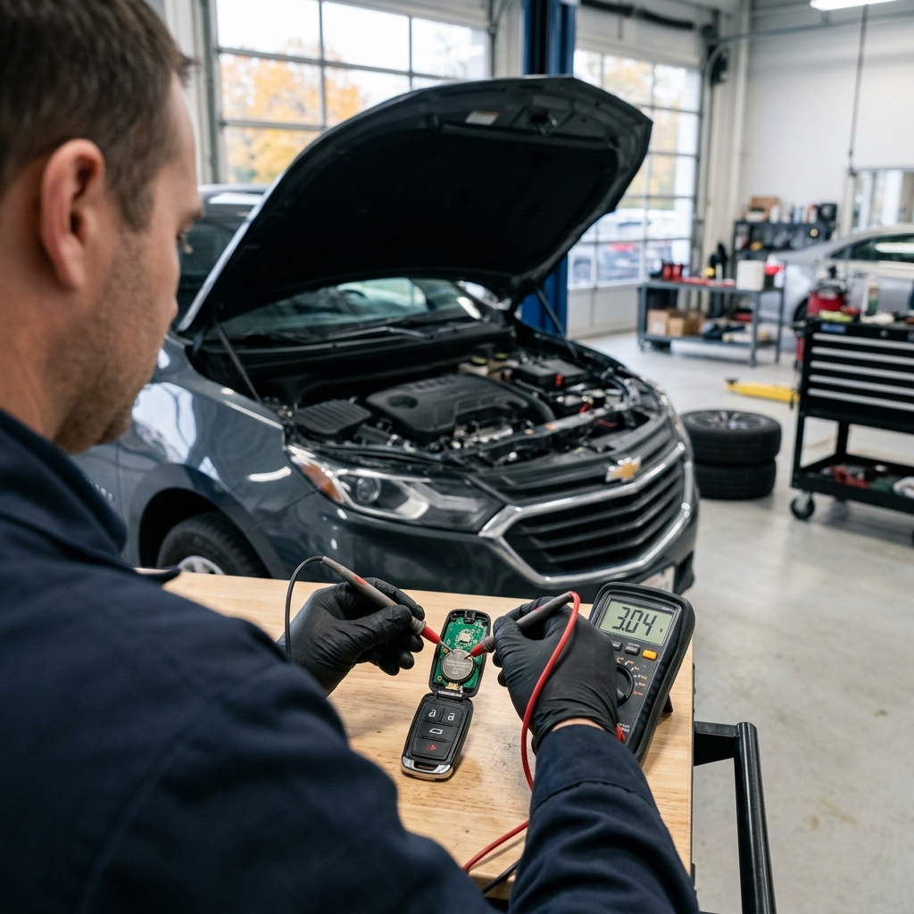 Mechanic testing a car key fob battery voltage using a digital multimeter in an auto repair shop. (Representative image for illustration purposes only. Actual vehicle may vary based on trim and configuration.)